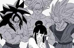 Rule 34 | 1girl, 3boys, absurdres, black hair, blonde hair, blush, chi-chi (dragon ball), couple, dragon ball, dragon ball gt, highres, husband and wife, looking at another, monochrome, multiple boys, muscular, muscular male, nervous, nervous sweating, serious, son goku, super saiyan, super saiyan 3, super saiyan 4, sweat, tagme, topless, ultra instinct, white hair