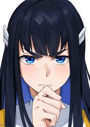Rule 34 | 1girl, absurdres, black hair, blue eyes, closed mouth, commentary, english commentary, hair ornament, hand on own chin, hand up, highres, jacket, kill la kill, kiryuuin satsuki, long hair, looking at viewer, serious, simple background, solo, straight-on, stroking own chin, t-lex, thick eyebrows, upper body, v-shaped eyebrows, white background, white jacket