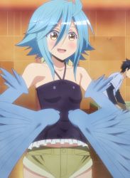 Rule 34 | 10s, 1girl, absurdres, blue hair, highres, monster girl, monster musume no iru nichijou, open mouth, papi (monster musume), short hair, shorts, smile, standing, stitched, third-party edit