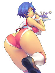 Rule 34 | 10s, 1girl, ass, ass cutout, blue eyes, blue hair, boobies uniform, breasts, butt crack, candy (space dandy), clothing cutout, covered erect nipples, extra, female focus, finger to mouth, food, heart, heart cutout, holding, lips, looking at viewer, looking back, matching hair/eyes, nipples, open mouth, plate, short hair, short shorts, shorts, simple background, solo, space dandy, takayanagi katsuya, thighs, tray, waitress, white background, wrist cuffs