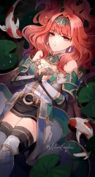 Rule 34 | 1girl, armor, bare shoulders, black gloves, black thighhighs, breastplate, celica (fire emblem), creyton, earrings, expressionless, female focus, fingerless gloves, fire emblem, fire emblem echoes: shadows of valentia, fire emblem heroes, gloves, green armor, highres, jewelry, koi, matching hair/eyes, nintendo, official alternate costume, red eyes, red hair, solo, thighhighs, twitter username, zettai ryouiki