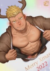 Rule 34 | 1boy, 2023, abs, antlers, bara, bare pectorals, blonde hair, erection, facial hair, highres, hiroki bzdsk, horns, large pectorals, male focus, male pubic hair, merry christmas, muscular, muscular male, navel, nipple piercing, nipples, nose piercing, open clothes, original, pectorals, penis, piercing, pubic hair, reindeer antlers, short hair, smile, solo, stubble