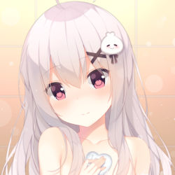 Rule 34 | 1girl, absurdres, ahoge, blush, closed mouth, collarbone, commentary request, hair between eyes, hair ornament, head tilt, heart, highres, holding, jyt, long hair, looking at viewer, niliu chahui, nude, original, red eyes, silver hair, solo, tile wall, tiles, tokisaki mio (niliu chahui), x hair ornament