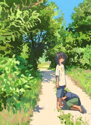 Rule 34 | 1girl, 1other, absurdres, ambiguous gender, barefoot, black eyes, blue shirt, blue shorts, blue sky, closed mouth, commentary request, day, expressionless, foliage, grass, green pants, highres, jitome, long hair, looking at viewer, lying, messy hair, muji (uimss), no sclera, on ground, on side, original, outdoors, pants, path, print shirt, road, scenery, shade, shirt, short sleeves, shorts, sky, standing, t-shirt, tree, white shirt, wide shot