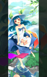 Rule 34 | 1girl, :d, adapted costume, alternate costume, bare shoulders, barefoot, blue hair, dress, female focus, food, fruit, full body, hat, highres, hinanawi tenshi, nature, open mouth, outdoors, peach, pillarboxed, plant, red eyes, skirt basket, sky, smile, solo, touhou, yoshino ryou