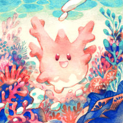 Rule 34 | :d, black eyes, commentary, coral, coral reef, corsola, creatures (company), english commentary, full body, game freak, gen 2 pokemon, limestone, nintendo, no nose, ocean, open mouth, painting (medium), pokemon, pokemon (creature), smile, solid oval eyes, solo, traditional media, underwater, watercolor (medium), yi-wen leow