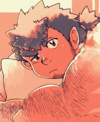 Rule 34 | 1boy, andvari (housamo), bara, closed mouth, commentary request, dark-skinned male, dark skin, dwarf, facial hair, film grain, hairy, head rest, higemorigen, highres, long sideburns, male focus, muscular, muscular male, nude, on bed, orange theme, pillow, pink theme, pointy ears, short hair, sideburns, solo, stubble, thick eyebrows, tokyo houkago summoners, uneven eyes, upper body, v-shaped eyebrows