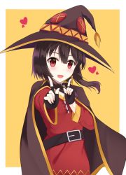 Rule 34 | 10s, 1girl, :d, bad id, bad pixiv id, black gloves, black hair, cape, collar, dress, fingerless gloves, gloves, hat, highres, index finger raised, koi dance, kono subarashii sekai ni shukufuku wo!, looking at viewer, megumin, open mouth, red dress, red eyes, rko (a470350510), short hair, short hair with long locks, smile, solo, witch hat