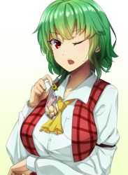 Rule 34 | 1girl, arm strap, ascot, bad id, bad pixiv id, commentary request, green hair, highres, kazami yuuka, long sleeves, looking at viewer, one eye closed, open mouth, plaid, plaid vest, red eyes, shirt, solo, touhou, upper body, vest, white shirt, wing collar, yani (nokori life1), yellow ascot