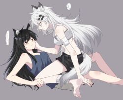 Rule 34 | ..., 2girls, ahoge, animal ear fluff, animal ear piercing, animal ears, aqua eyes, arknights, arm support, armpit crease, bandaged arm, bandaged leg, bandages, bandeau, bare arms, bare legs, bare shoulders, barefoot, belt, belt buckle, black belt, black hair, black nails, black outline, black shorts, blue tank top, breasts, brown outline, buckle, buttons, clenched hand, closed mouth, collarbone, commentary request, ear piercing, expressionless, eye contact, feet out of frame, fingernails, from side, full body, girl on top, grey background, grey hair, grey outline, grey shorts, grey tail, hair between eyes, hair ornament, hairclip, hand on another&#039;s cheek, hand on another&#039;s face, hand on ground, hand up, highres, invisible floor, itonatsu, lappland (arknights), light smile, long hair, looking at another, looking down, looking up, medium breasts, messy hair, midriff, multiple girls, musical note, nail polish, open belt, open fly, orange eyes, outline, outstretched hand, pale skin, piercing, scar, scar across eye, scar on face, shadow, short shorts, shorts, simple background, single sidelock, sitting, sitting on person, sleeveless, snap-fit buckle, soles, speech bubble, spoken ellipsis, spoken musical note, tail, tank top, texas (arknights), toes, unbuttoned, wariza, white bandeau, wolf ears, wolf girl, wolf tail, yuri