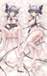 Rule 34 | 1girl, aqua eyes, ass, azur lane, bed sheet, black hair, blunt bangs, breasts, chen bin, cheshire (azur lane), cleavage, closed mouth, clothes lift, clothes pull, dakimakura (medium), dress, dress lift, dress pull, full body, highres, large breasts, looking at viewer, lying, maid headdress, multicolored hair, on back, on side, open mouth, panties, petals, short hair, smile, solo, streaked hair, thighhighs, underwear, white panties, white thighhighs, wrist cuffs