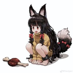 Rule 34 | 1girl, absurdres, all fours, animal ear fluff, animal ears, barefoot, black hair, boned meat, bow, broken, broken chain, chain, commentary, cuffs, drooling, fang, fingernails, food, hair bow, highres, jun (navigavi), knit sweater, long hair, meat, messy hair, original, red eyes, shackles, sharp fingernails, sharp toenails, solo, squatting, symbol-only commentary, tail, tail bow, tail ornament, toenails, weibo logo, weibo watermark, white background, wolf ears, wolf girl, wolf tail