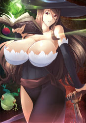 Rule 34 | 1girl, apple, areola slip, bare shoulders, book, breasts, brown eyes, brown hair, cleavage, corset, detached sleeves, dragon&#039;s crown, food, frog, fruit, grimoire, haganef, hat, hexagram, holding, holding book, huge breasts, long hair, looking at viewer, magic, magic circle, open book, parted lips, sash, side slit, skeletal arm, solo, sorceress (dragon&#039;s crown), swept bangs, thighs, witch hat
