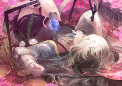 Rule 34 | 1girl, animal ears, black bra, bra, capelet, closed eyes, clothes pull, commentary request, dress, dress pull, flower in mouth, gem, grey dress, grey hair, jewelry, lying, lying on water, mouse (animal), mouse ears, mouse tail, nazrin, necklace, omo (utakatadice), partially submerged, pendant, petals, solo, tail, touhou, underwear, water, wet, wet clothes, wet dress