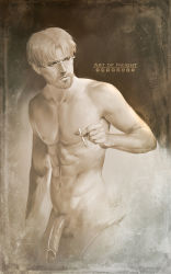 Rule 34 | 1boy, abs, art of neight, cigarette, facial hair, glasses, highres, male focus, monochrome, nude, penis, sepia, shingeki no kyojin, standing, topless male, zeke yeager