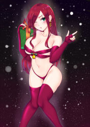 Rule 34 | 1girl, :o, bare shoulders, bell, black background, box, breasts, cleavage, collarbone, commentary request, earrings, feet out of frame, fingerless gloves, gift, gift box, gloves, green eyes, groin, highleg, highleg panties, highres, jewelry, katarina (league of legends), large breasts, league of legends, long hair, navel, one eye closed, panties, popoman, red background, red gloves, red hair, red panties, red thighhighs, ring, scar, shiny skin, snow, solo, thighhighs, underwear