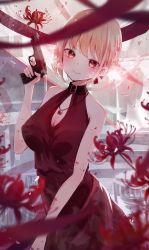Rule 34 | 1girl, bad id, bad twitter id, bare shoulders, beretta 92, black collar, blonde hair, blurry, breasts, cleavage, closed mouth, collar, commentary, depth of field, dress, english commentary, falling petals, finger on trigger, flower, gun, handgun, highres, holding, holding gun, holding weapon, indoors, jewelry, looking at viewer, lycoris recoil, medium breasts, motoi (croa76), nishikigi chisato, pendant, petals, red dress, red eyes, red flower, short hair, smile, solo, spider lily, weapon
