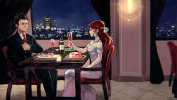 Rule 34 | 1boy, 1girl, alcohol, bare shoulders, black hair, black suit, blue eyes, bottle, braid, breasts, candle, chair, chopsticks, copyright name, cup, curtains, dress, drinking glass, eye contact, fish (food), food, formal, hetero, highres, holding, holding cup, indoors, jewelry, kasumi (tw), lamp, long sleeves, looking at another, meat, necklace, necktie, night, plate, psychic hearts, red hair, red nails, red necktie, restaurant, sitting, skyline, small breasts, suit, tile floor, tiles, white dress, window, wine, wine bottle, wine glass