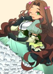 Rule 34 | 1girl, ;d, absurdres, black gloves, blush, bow, brown hair, dress, elbow gloves, frills, gloves, green dress, green eyes, hair bow, hand up, highres, idolmaster, idolmaster cinderella girls, idolmaster cinderella girls starlight stage, kusakabe wakaba, long hair, looking at viewer, one eye closed, open mouth, pink bow, puffy short sleeves, puffy sleeves, short sleeves, simple background, smile, solo, totobuki, very long hair