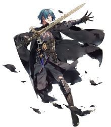 Rule 34 | 1boy, 88 taho, aqua hair, armor, black pants, blue eyes, byleth (fire emblem), byleth (male) (fire emblem), clenched teeth, dagger, fire emblem, fire emblem: three houses, fire emblem heroes, full body, gauntlets, gloves, highres, holding, holding sword, holding weapon, knife, long sleeves, looking away, male focus, nintendo, official art, pants, parted lips, shiny skin, short hair, solo, sword, teeth, torn clothes, torn pants, transparent background, weapon