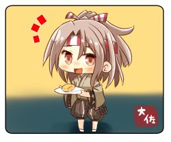 Rule 34 | 1girl, :d, artist name, brown eyes, food, grey shorts, hachimaki, headband, high ponytail, highres, holding, holding plate, japanese clothes, kantai collection, kimono, light brown hair, long hair, long sleeves, omelet, open mouth, plate, shorts, smile, solo, taisa (kari), tamagoyaki, wide sleeves, zuihou (kancolle)