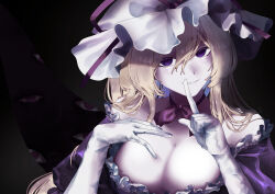 Rule 34 | 1girl, absurdres, black background, blonde hair, breasts, cleavage, commentary, elbow gloves, gloves, hair between eyes, hat, highres, large breasts, looking at viewer, mob cap, parted lips, purple eyes, simple background, smile, t terano, touhou, upper body, white gloves, white headwear, yakumo yukari