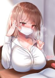 Rule 34 | 1girl, bad id, bad twitter id, blush, breasts, breath, brown hair, buttons, collarbone, collared shirt, commentary request, desk, dress shirt, eyelashes, fingernails, hands up, heavy breathing, highres, indoors, large breasts, long hair, long sleeves, mask, mask pull, mouth mask, nail polish, neco meito, no bra, notebook, original, pink nails, red eyes, shirt, sidelocks, sitting, solo, surgical mask, white shirt, wing collar