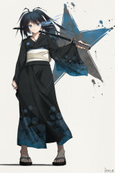 Rule 34 | 1girl, alternate costume, asymmetrical hair, baronilu, black hair, black kimono, black rock shooter, black rock shooter (character), blue eyes, closed mouth, collarbone, floating hair, hair between eyes, highres, holding, holding sword, holding weapon, japanese clothes, jewelry, katana, kimono, long hair, long sleeves, looking at viewer, necklace, print kimono, slit pupils, solo, sword, twintails, weapon, white background, wide sleeves