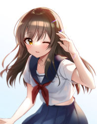 Rule 34 | 1girl, blue skirt, blurry, blurry background, blush, brown eyes, brown hair, collarbone, depth of field, gradient background, hair ornament, hand up, lens flare, long hair, looking at viewer, midriff peek, neckerchief, one eye closed, original, parted lips, picter, pleated skirt, red neckerchief, sailor collar, school uniform, serafuku, shading eyes, shirt, short sleeves, skirt, smile, solo, white shirt