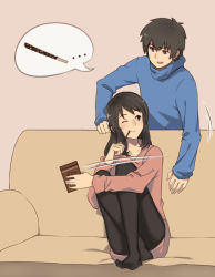 Rule 34 | ..., 1boy, 1girl, aged up, black pantyhose, brown eyes, brown hair, couch, couple, crossed legs, food, food in mouth, hetero, highres, hugging own legs, kimi no na wa., miyamizu mitsuha, mouth hold, one eye closed, pantyhose, pink background, pocky, simple background, sitting, smile, smirk, speech bubble, squidsmith, sweater, tachibana taki