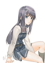 Rule 34 | 10s, 1girl, artist name, asashio (kancolle), bad id, bad twitter id, belt, between legs, black hair, black socks, blue eyes, buttons, collared shirt, cwind, dress, ear visible through hair, ears visible through hair, hair between eyes, hand between legs, highres, kantai collection, kneehighs, long sleeves, looking at viewer, neck ribbon, pinafore dress, red ribbon, ribbon, school uniform, shirt, simple background, sitting, sleeveless, sleeveless dress, socks, solo, white background, white shirt