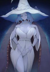 Rule 34 | 1girl, absurdres, alternate breast size, blue hair, blue skin, breasts, cleavage, cloak, colored skin, dress, elden ring, extra arms, extra ears, fur cloak, hat, highres, large breasts, looking at viewer, nail polish, one eye closed, ranni the witch, short hair, solo, standing, thighs, ultra-13, white dress, white hat, witch hat