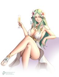 Rule 34 | 1girl, alcohol, breasts, cape, cleavage, cleru (cleruuuuu), cup, deviantart username, dress, drinking glass, facebook username, feet, female focus, fire emblem, fire emblem: three houses, flower, flower on head, green eyes, green hair, hair flower, hair ornament, highres, holding, jewelry, large breasts, long hair, looking at viewer, matching hair/eyes, nintendo, one-piece swimsuit, rhea (fire emblem), sandals, simple background, smile, solo, swimsuit, toes, tumblr username, watermark, web address, white background, white one-piece swimsuit, wine, wine glass