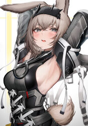 Rule 34 | 1girl, absurdres, arknights, arknights: endfield, armpits, black hairband, breasts, brown hair, character request, commentary request, detached sleeves, grey eyes, hairband, highres, large breasts, looking at viewer, open mouth, short hair, solo, tab head, tail