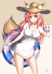 Rule 34 | 1girl, :3, absurdres, animal ears, bad id, bad pixiv id, blush, breasts, cleavage, ears through headwear, fate/grand order, fate (series), fox ears, fox tail, hat, highres, jayce (shinmai), large breasts, long hair, looking at viewer, pink hair, solo, tail, tamamo (fate), tamamo no mae (fate/extra), tamamo no mae (swimsuit lancer) (fate), tamamo no mae (swimsuit lancer) (first ascension) (fate), yellow eyes