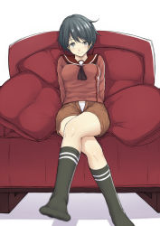Rule 34 | 10s, 1girl, bad id, bad pixiv id, black hair, blush, bokokichi (you), breasts, couch, feet, highres, kantai collection, crossed legs, looking at viewer, mogami (kancolle), no shoes, open clothes, open fly, open shorts, personification, pokokichi (you), short hair, shorts, sitting, smile, socks, solo, unzipped
