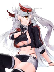 Rule 34 | 1girl, azur lane, belt, black gloves, black jacket, black thighhighs, breasts, clothing cutout, cropped jacket, cropped shirt, gloves, grey hair, half gloves, horns, jacket, large breasts, long hair, looking at viewer, mechanical horns, microskirt, official alternate costume, panties, panty straps, partially unbuttoned, prinz eugen (azur lane), prinz eugen (final lap) (azur lane), race queen, red panties, simple background, sitting, skirt, solo, thighhighs, two-tone skirt, underboob cutout, underwear, very long hair, white background, white belt, wolaiguajiile, yellow eyes