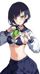 1girl absurdres bikini bikini_under_clothes black_hair black_sailor_collar black_skirt blush bow bow_bikini breasts cleavage clothes_lift commentary cowboy_shot eyelashes green_neckerchief hair_behind_ear hair_between_eyes hair_ornament hands_up highres hua-huahua lifting_own_clothes long_sleeves looking_at_viewer medium_breasts navel neckerchief o-ring o-ring_bikini o-ring_top open_mouth pleated_skirt puffy_long_sleeves puffy_sleeves raised_eyebrows sailor_collar school_uniform serafuku shikanoko_nokonoko_koshitantan shirt shirt_lift short_hair shy simple_background skirt solo stomach swimsuit tsubameya_chiharu white_background white_bow white_shirt yellow_eyes