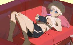 Rule 34 | 1boy, bandage on hip, bandage on knee, bandaged ankle, bandaid, bandaid on arm, bandaid on leg, bandaid on thigh, bare shoulders, barefoot, black shorts, blue eyes, blush, can, couch, drink can, feet out of frame, food in mouth, handheld game console, hands up, highres, holding, holding handheld game console, hunter x hunter, injury, killua zoldyck, knees up, looking at viewer, luye yuan, lying, male focus, midriff, mouth hold, nintendo switch, on back, on couch, pillow, short hair, shorts, sleeveless, soda can, solo, tank top, white hair
