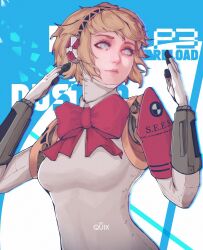Rule 34 | 1girl, aegis (persona), android, armband, artist name, blonde hair, bow, bowtie, breasts, closed mouth, collared shirt, commentary, copyright name, finger cannon, grey eyes, hands up, highres, joints, lips, looking to the side, medium breasts, persona, persona 3, persona 3 reload, quix, red armband, red bow, red bowtie, robot ears, robot joints, s.e.e.s, shirt, short hair, solo, upper body, white shirt