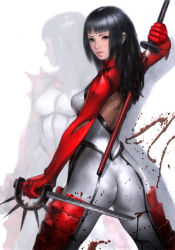 Rule 34 | 1girl, arm up, armor, ass, back, black eyes, black hair, blood, blood on clothes, blood splatter, blunt bangs, bodysuit, cowboy shot, dual wielding, faulds, fishnets, hibana, holding, kunoichi (game), lips, long hair, looking at viewer, looking back, ninja, parted lips, reflection, sega, sheath, skin tight, solo, spikes, spread legs, standing, sword, unsheathing, weapon