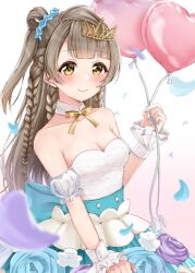 Rule 34 | 1girl, alternate costume, alternate hairstyle, aqua nails, balloon, bare shoulders, blush, bow, bowtie, braid, breasts, brown eyes, brown hair, cleavage, closed mouth, detached collar, detached sleeves, fingernails, highres, holding, holding balloon, long hair, looking at viewer, love live!, love live! school idol project, medium breasts, minami kotori, multiple braids, nail polish, one side up, puffy detached sleeves, puffy short sleeves, puffy sleeves, shirt, short sleeves, side braid, single hair ring, skirt, skirt set, smile, solo, strapless, strapless shirt, tiara, white skirt, wrist cuffs, yellow bow, yellow bowtie, yoshinon (yoshinon kotori)