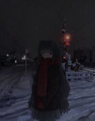 Rule 34 | 1girl, black hair, blush, closed mouth, coat, cowboy shot, dot nose, empty eyes, from side, grey skirt, hair intakes, head tilt, highres, horizon, house, kibishiihiekomi, light, long hair, long sleeves, looking at viewer, miniskirt, mittens, night, nose blush, original, outdoors, own hands together, perspective, photo background, pleated skirt, pole, power lines, railing, railroad crossing, railroad signal, raised eyebrows, red mittens, red scarf, road, scarf, sidelocks, skirt, snowing, solo, street, utility pole, very long hair, winter, winter clothes, winter coat