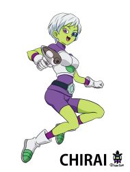 Rule 34 | 10s, 1girl, alien, armor, artist name, artist request, boots, breastplate, breasts, cheelai, colored skin, dragon ball, dragon ball super, female focus, gloves, green skin, gun, happy, highres, jumping, looking at viewer, purple eyes, short hair, smile, solo, weapon, white hair