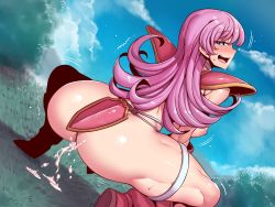 Rule 34 | 1girl, after anal, aftersex, ass, backboob, blue eyes, blush, boots, breasts, cloud, cum, cum in ass, cumdrip, day, dragon quest, dragon quest iii, embarrassed, female focus, from behind, grass, highres, huge ass, large breasts, legs, long hair, looking back, nipples, open mouth, outdoors, pink hair, shoulder pads, sky, soldier (dq3), solo, squatting, tears, thighhighs, thighs, trembling, tukiwani, wavy hair