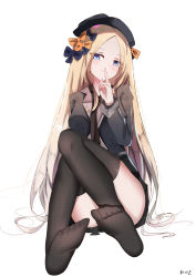 Rule 34 | 1girl, abigail williams (fate), alternate costume, black bow, black hat, black necktie, black shirt, black skirt, black thighhighs, blonde hair, blue eyes, blush, bow, closed mouth, dust9, fate/grand order, fate (series), feet, finger to mouth, forehead, full body, hair bow, hand up, hat, highres, indoors, knees up, legs, long hair, long sleeves, multiple hair bows, necktie, no shoes, orange bow, parted bangs, pleated skirt, shirt, shushing, signature, simple background, sitting, skirt, smile, soles, solo, thighhighs, very long hair, white background