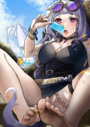 Rule 34 | 1boy, 1girl, absurdres, against rock, animal ears, bare shoulders, barefoot, black one-piece swimsuit, blush, bracelet, breasts, cleavage, commentary request, ear ornament, eyewear on head, feet, food, gold ship (run revolt launcher) (umamusume), gold ship (umamusume), grey hair, highres, holding, holding food, horse ears, horse girl, horse tail, jewelry, knees up, large breasts, long hair, looking at viewer, one-piece swimsuit, open mouth, outdoors, pink eyes, po musubi, popsicle, soles, solo focus, squid, swimsuit, t-head trainer, tail, thigh strap, toes, umamusume