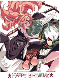 2girls amputee arrow_(symbol) arrow_hair_ornament bags_under_eyes baiken big_hair black_dress black_kimono breasts cleavage delilah_(guilty_gear) dress eyepatch facial_tattoo full_body green_hair guilty_gear guilty_gear_strive highres japanese_clothes katana kimono large_breasts long_hair long_sleeves medium_hair multicolored_kimono multiple_girls nobita_(makoto7060355) one-eyed open_clothes open_kimono pink_hair ponytail red_eyes samurai scar scar_across_eye scar_on_face short_hair simple_background sword tattoo torn_sleeve weapon yellow_eyes yuri