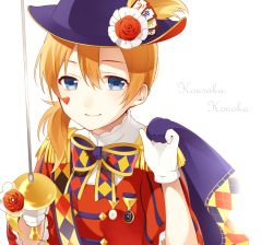 Rule 34 | 10s, 1girl, alternate hairstyle, argyle, bad id, bad pixiv id, badge, blue eyes, bow, character name, chisumi, epaulettes, facial tattoo, gloves, hat, heart, heart tattoo, highres, knight, kosaka honoka, light smile, looking at viewer, love live!, love live! school idol festival, love live! school idol project, low ponytail, military, military uniform, orange hair, rapier, smile, solo, sword, tattoo, uniform, upper body, weapon, white background, white gloves