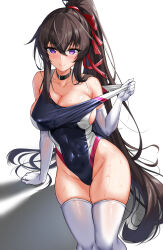 Rule 34 | 1girl, absurdres, arm support, bare shoulders, black choker, black hair, black one-piece swimsuit, breasts, choker, cleavage, clothes pull, collarbone, competition swimsuit, counter:side, covered navel, elbow gloves, elze (s01047480836), gloves, hair ribbon, highleg, highleg swimsuit, highres, large breasts, long hair, looking at viewer, one-piece swimsuit, one-piece swimsuit pull, ponytail, pulled by self, purple eyes, ribbon, sitting, skindentation, smile, solo, swimsuit, thighhighs, thighs, very long hair, wet, white gloves, white thighhighs, yoo mina
